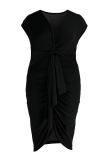 Black Fashion Sexy Plus Size Solid Fold V Neck Sleeveless Dress