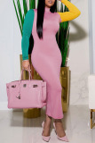 Pink Casual Solid Split Joint Half A Turtleneck One Step Skirt Dresses