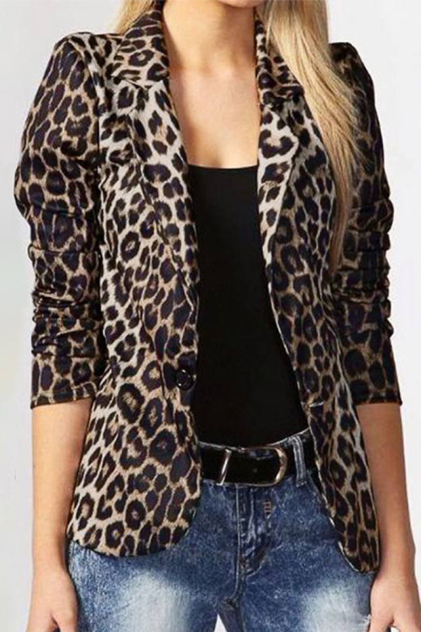 Light Coffee Casual Leopard Patchwork Turndown Collar Outerwear