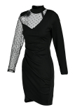 Black Fashion Solid Split Joint See-through Half A Turtleneck Long Sleeve Dresses