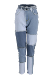 Blue Fashion Casual Patchwork Basic High Waist Regular Jeans