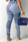 Blue Fashion Casual Patchwork Basic High Waist Regular Jeans