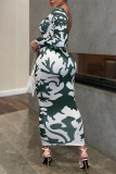 Ink Green Fashion Casual Print Backless O Neck Long Sleeve Dresses