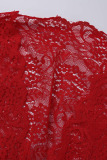 Red Sexy Solid Hollowed Out Patchwork See-through V Neck Long Sleeve Two Pieces