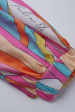 Pink Fashion Casual Print Bandage Split Joint Turndown Collar Plus Size Tops