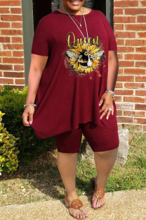 Burgundy Casual Print Patchwork O Neck Plus Size Two Pieces
