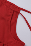 Red Fashion Casual Plus Size Solid Frenulum Oblique Collar Short Sleeve Dress
