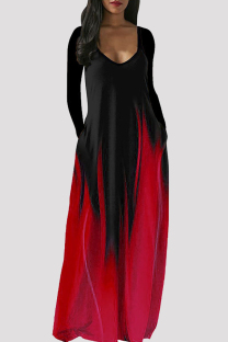 Red Fashion Casual Print Basic V Neck Long Sleeve Dresses