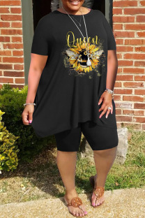 Black Casual Print Patchwork O Neck Plus Size Two Pieces