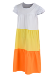 Yellow Casual Color Block Flounce O Neck Cake Skirt Dresses