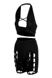 Black Fashion Sexy Solid Hollowed Out Backless Halter Skinny Two-piece Set