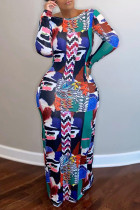Multicolor Fashion Sexy Print Backless Cross Straps O Neck Long Sleeve Dresses