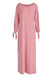 Pink Fashion Daily Adult Solid Knotted Oblique Collar Long Sleeve Floor Length Long Sleeve Dress Dresses