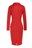 Red Fashion Casual Solid Split Joint Turndown Collar Long Sleeve Dresses