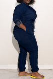 Baby Blue Fashion Casual Solid Hollowed Out Patchwork Chains Turndown Collar Plus Size Jumpsuits