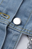 Light Blue Street Solid Make Old Patchwork Buckle Chains Asymmetrical Turndown Collar Long Sleeve Regular Denim Jacket