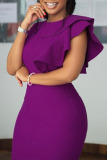 Purple Casual Elegant Solid Split Joint Flounce O Neck One Step Skirt Dresses