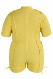 Yellow Sexy Solid Hollowed Out Half A Turtleneck Plus Size Jumpsuits