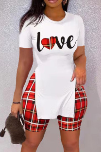 Red Casual Print Patchwork Slit O Neck Short Sleeve Two Pieces