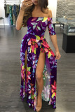 purple Fashion Sexy adult Ma'am One word collar Floral Print Floral Plus Size