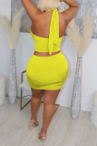 Yellow Fashion Sexy Solid Bandage Backless Halter Sleeveless Two Pieces