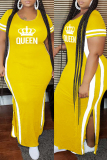 Yellow Fashion Casual Plus Size Print Split Joint Slit O Neck Short Sleeve Dress