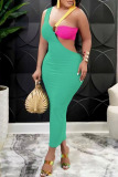 Green Sexy Solid Hollowed Out Patchwork Asymmetrical Pencil Skirt Dresses