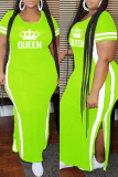 Fluorescent Green Fashion Casual Plus Size Print Split Joint Slit O Neck Short Sleeve Dress