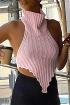Pink Sexy Casual Solid Backless Asymmetrical Turtleneck Tops