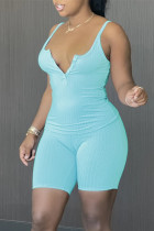 Sky Blue Sexy Casual Solid Backless V Neck Sleeveless Two Pieces