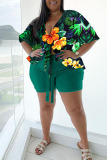 Green Casual Print Bandage Split Joint V Neck Plus Size Two Pieces