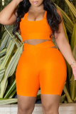 Orange Sexy Casual Solid Hollowed Out Patchwork O Neck Sleeveless Two Pieces