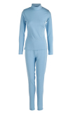 Sky Blue Casual Solid Basic Half A Turtleneck Long Sleeve Two Pieces