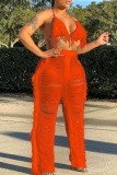 Tangerine Red Sexy Solid Tassel Hollowed Out Patchwork Halter Sleeveless Two Pieces