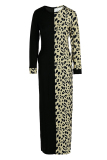 Rose Red Fashion Casual Print Leopard Split Joint O Neck Long Sleeve Dress