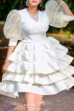 White Celebrities Solid Patchwork V Neck Cake Skirt Dresses