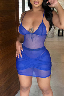 Blue Sexy Solid Split Joint See-through Spaghetti Strap Sleeveless Two Pieces