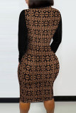 Brown Fashion Casual Print Patchwork Slit O Neck Long Sleeve Dresses