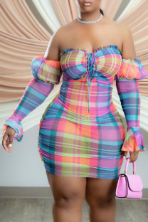 Multicolor Fashion Sexy Plaid Print Draw String Frenulum Strapless Long Sleeve Plus Size Dresses