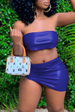 Blue Sexy Solid Bandage Patchwork Asymmetrical Strapless Sleeveless Two Pieces
