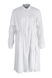 White Street Solid Patchwork Buckle Fold Turndown Collar Shirt Dress Dresses