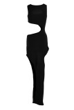 Army Green Sexy Solid Hollowed Out Patchwork Asymmetrical O Neck Pencil Skirt Dresses