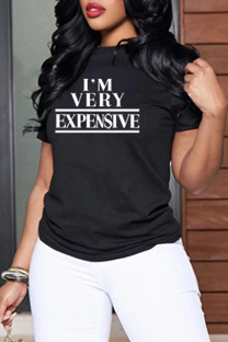 Black Fashion Casual Letter Print Basic O Neck T-Shirts