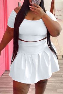 White Fashion Casual Solid Basic O Neck Short Sleeve Two Pieces