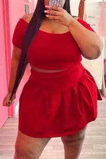 Red Fashion Casual Solid Basic O Neck Short Sleeve Two Pieces