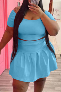 Light Blue Fashion Casual Solid Basic O Neck Short Sleeve Two Pieces