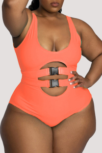 Orange Fashion Sexy Print Hollowed Out Split Joint Backless U Neck Plus Size Swimwear