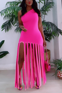 Pink Fashion Sexy Solid Tassel One Shoulder A Line Dresses
