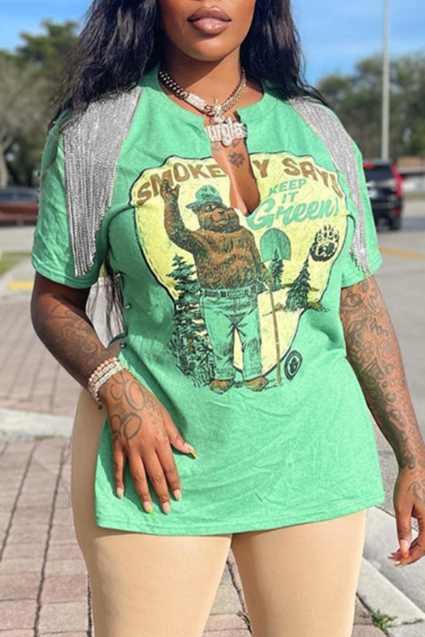Green Sexy Street Print Tassel Patchwork Slit V Neck T-Shirts