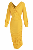 Yellow Sexy Solid Hollowed Out V Neck Pencil Skirt Dresses